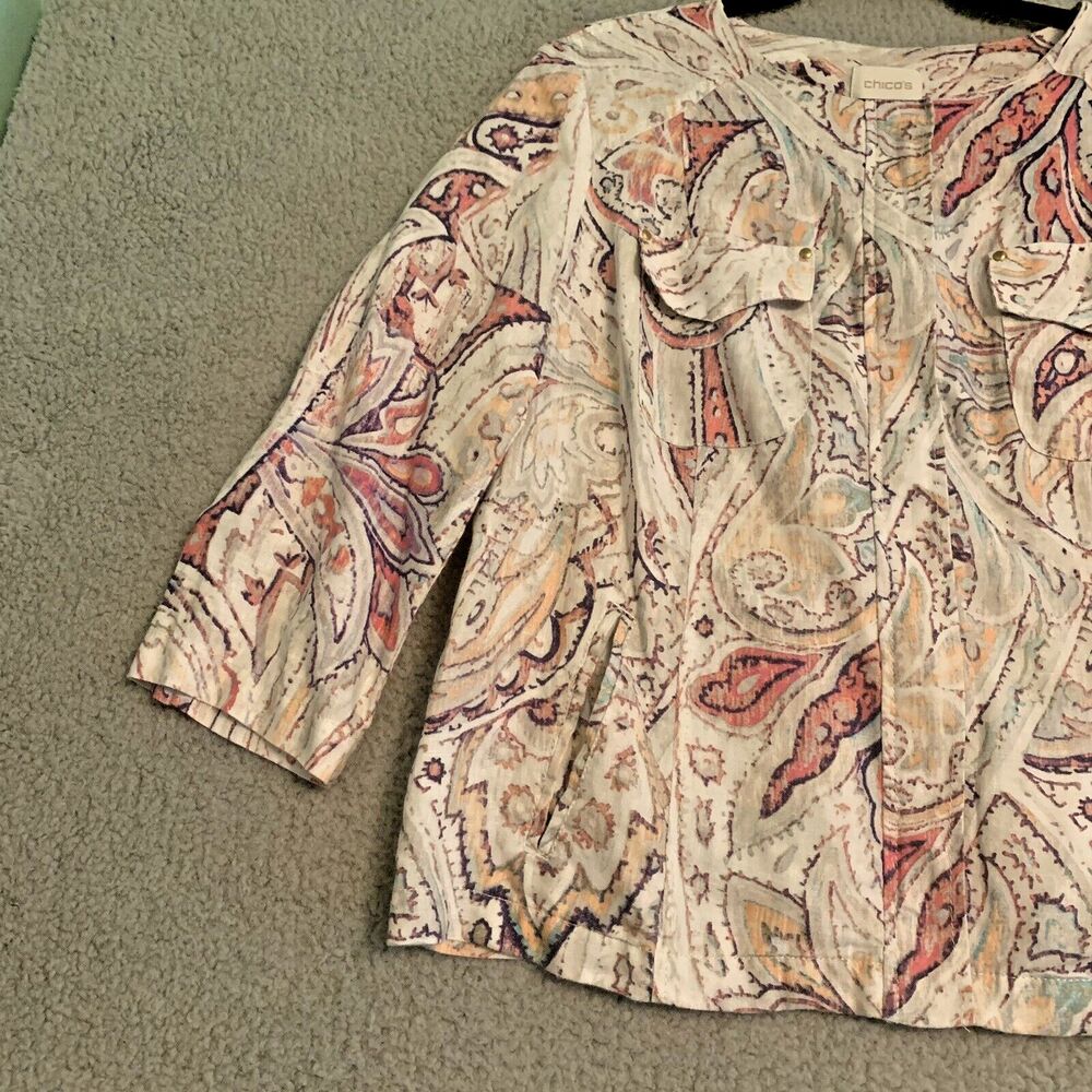 Chicos Women's 100% Linen Zip Up Jacket Paisley Lightweight Boho Size 2 Large - Picture 2 of 9
